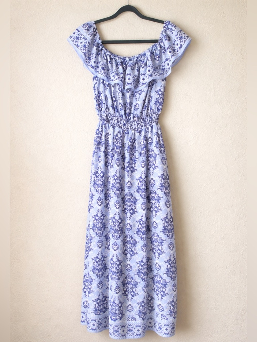 Max Studio Blue White Off Shoulder Midi Dress L Boho Smocked Pockets Summer